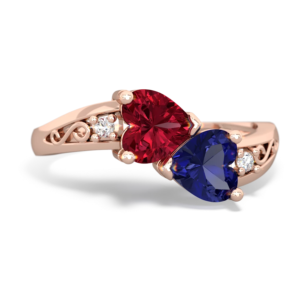 Lab Ruby Snuggling Hearts 14K Rose Gold ring R2178