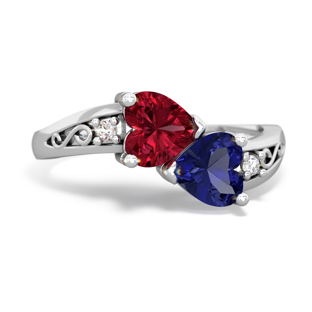 Lab Ruby Snuggling Hearts 14K White Gold ring R2178