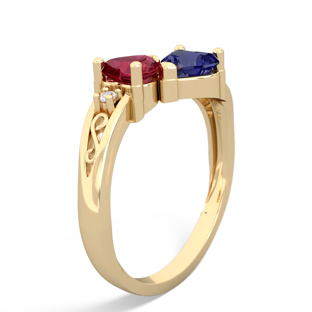 Lab Ruby Snuggling Hearts 14K Yellow Gold ring R2178