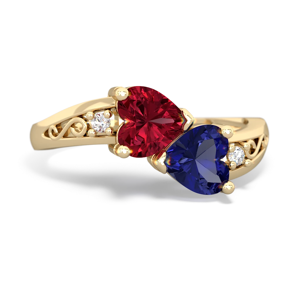 Lab Ruby Snuggling Hearts 14K Yellow Gold ring R2178