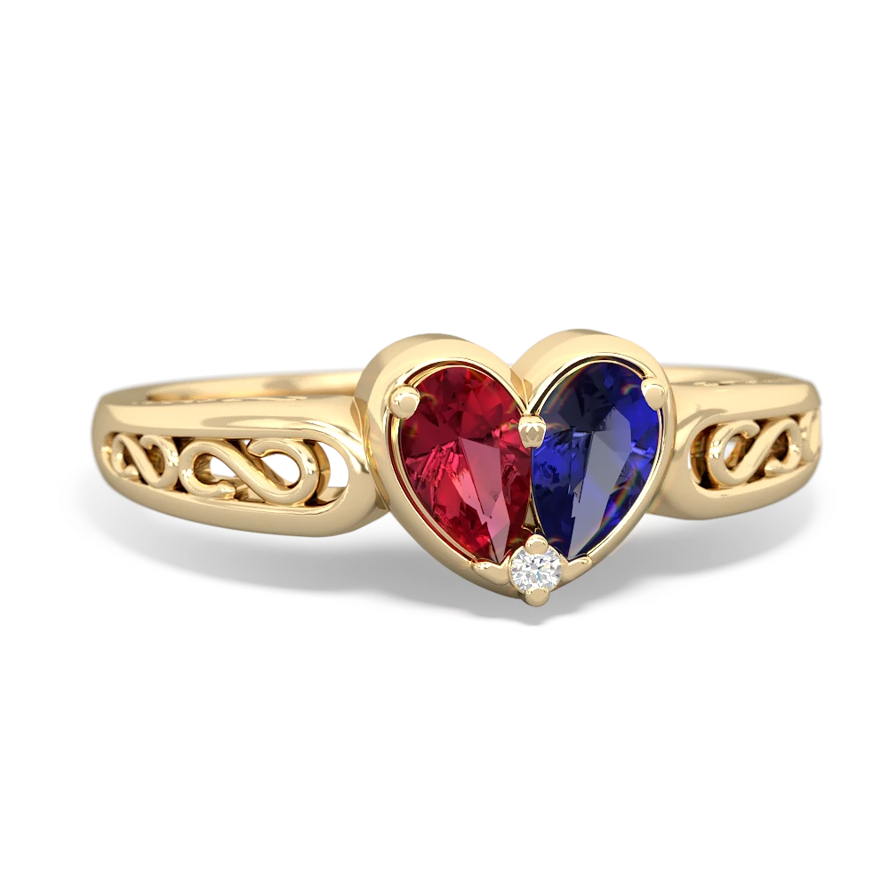 Lab Ruby Filligree 'One Heart' 14K Yellow Gold ring R5070