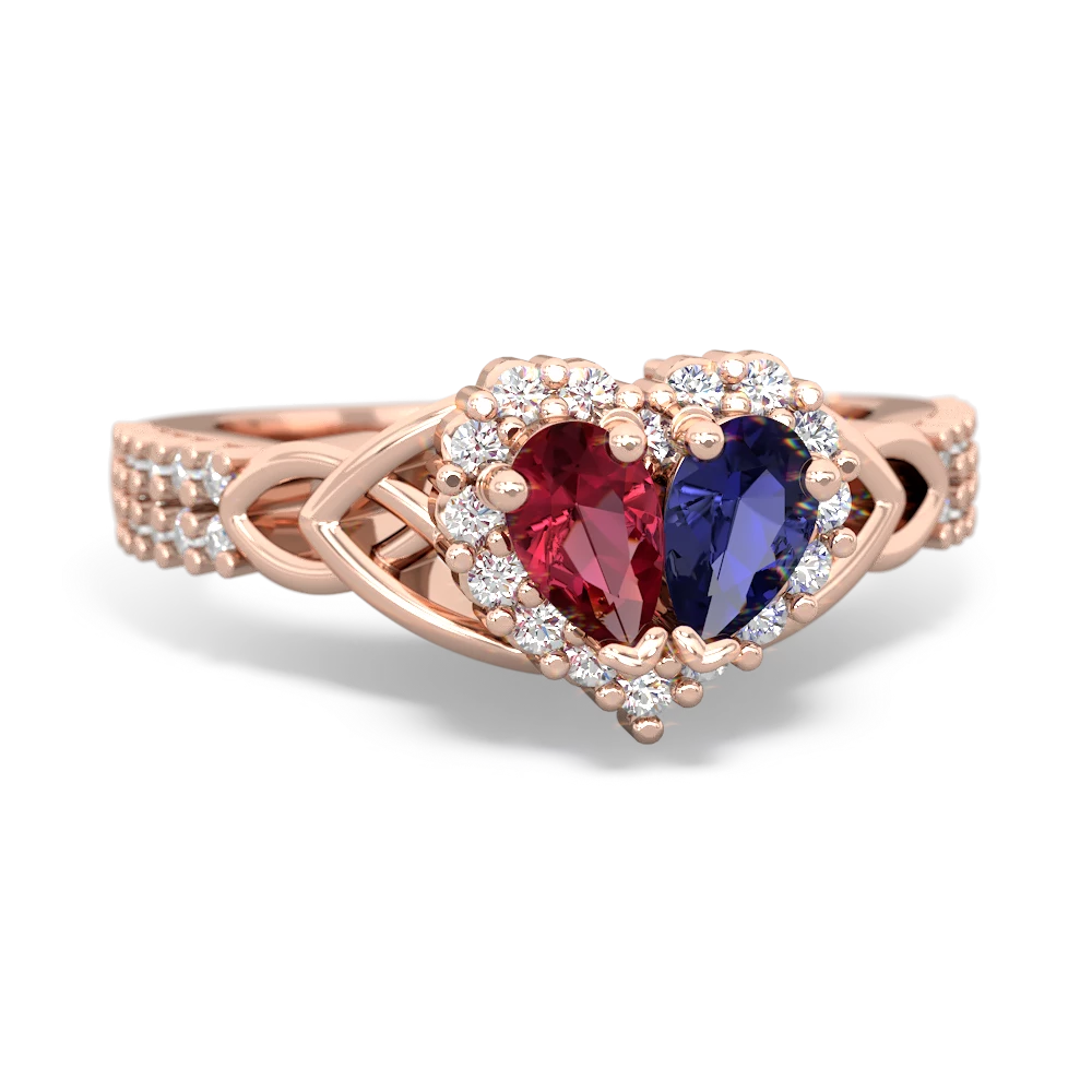 Lab Ruby Celtic Knot Two Hearts As One 14K Rose Gold ring R2644HRT