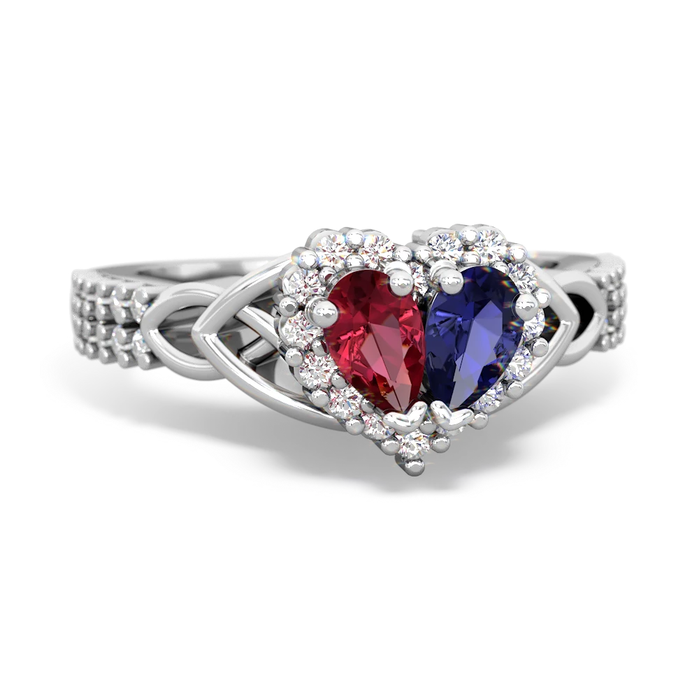 Lab Ruby Celtic Knot Two Hearts As One 14K White Gold ring R2644HRT