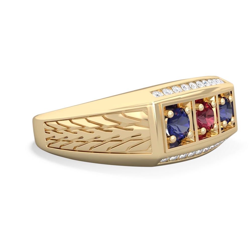 Lab Ruby Three Stone Tire Tread Men's 14K Yellow Gold ring R0520