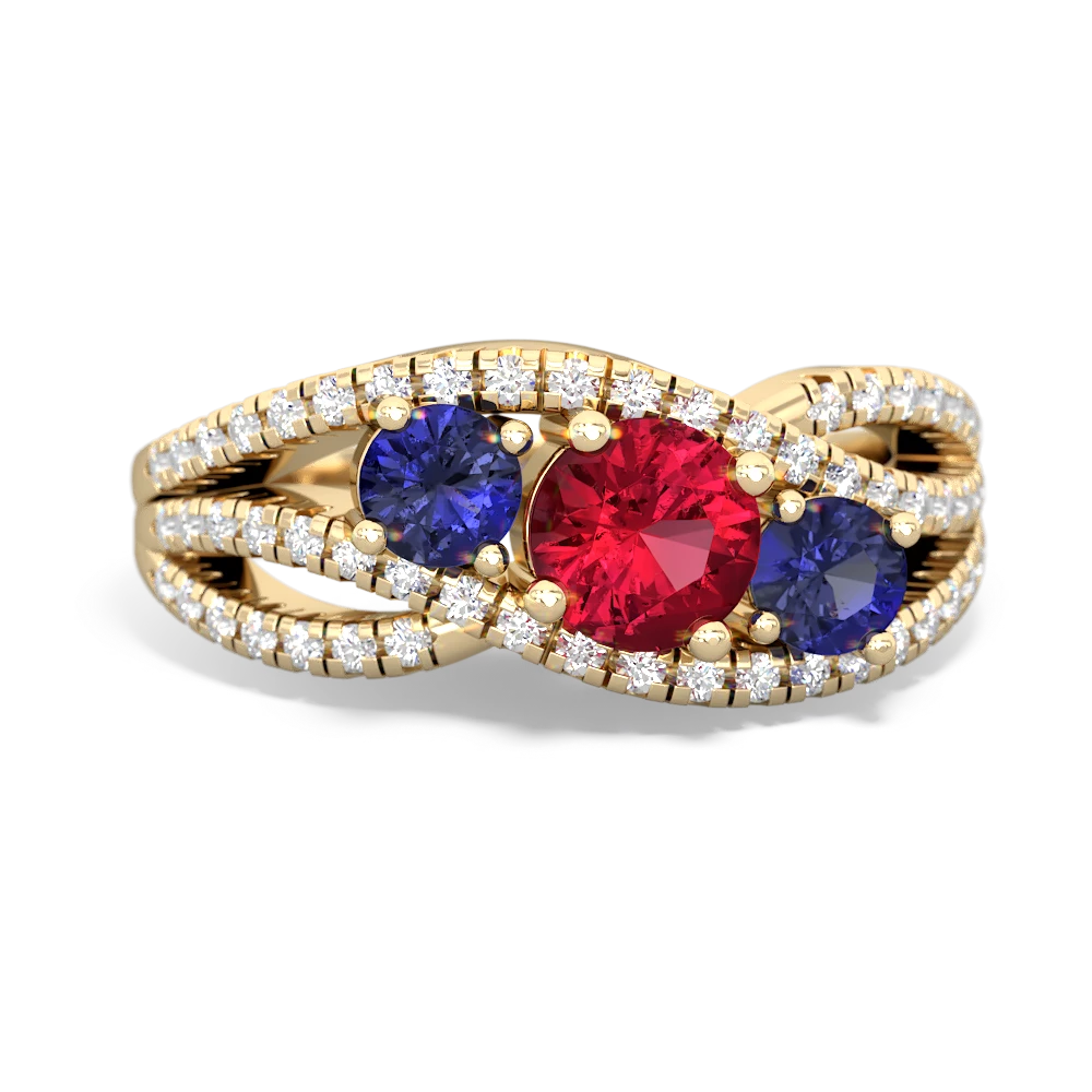 Lab Ruby Three Stone Aurora 14K Yellow Gold ring R3080