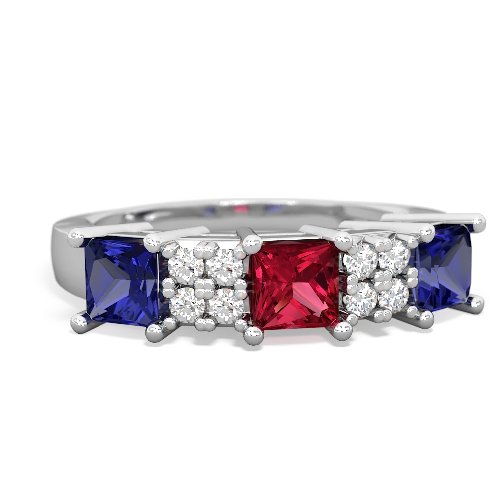 Lab Ruby Three Stone Diamond Cluster 14K White Gold ring R2592