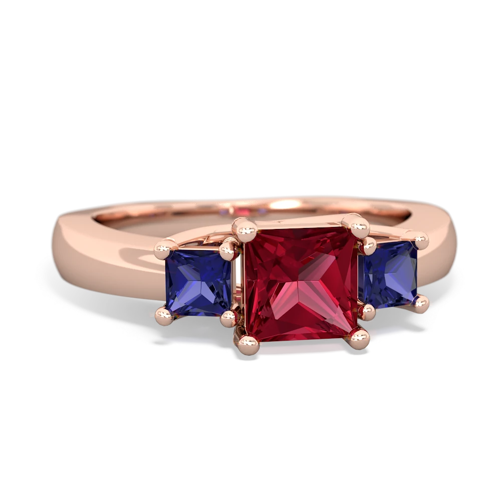 Lab Ruby Three Stone Trellis 14K Rose Gold ring R4015