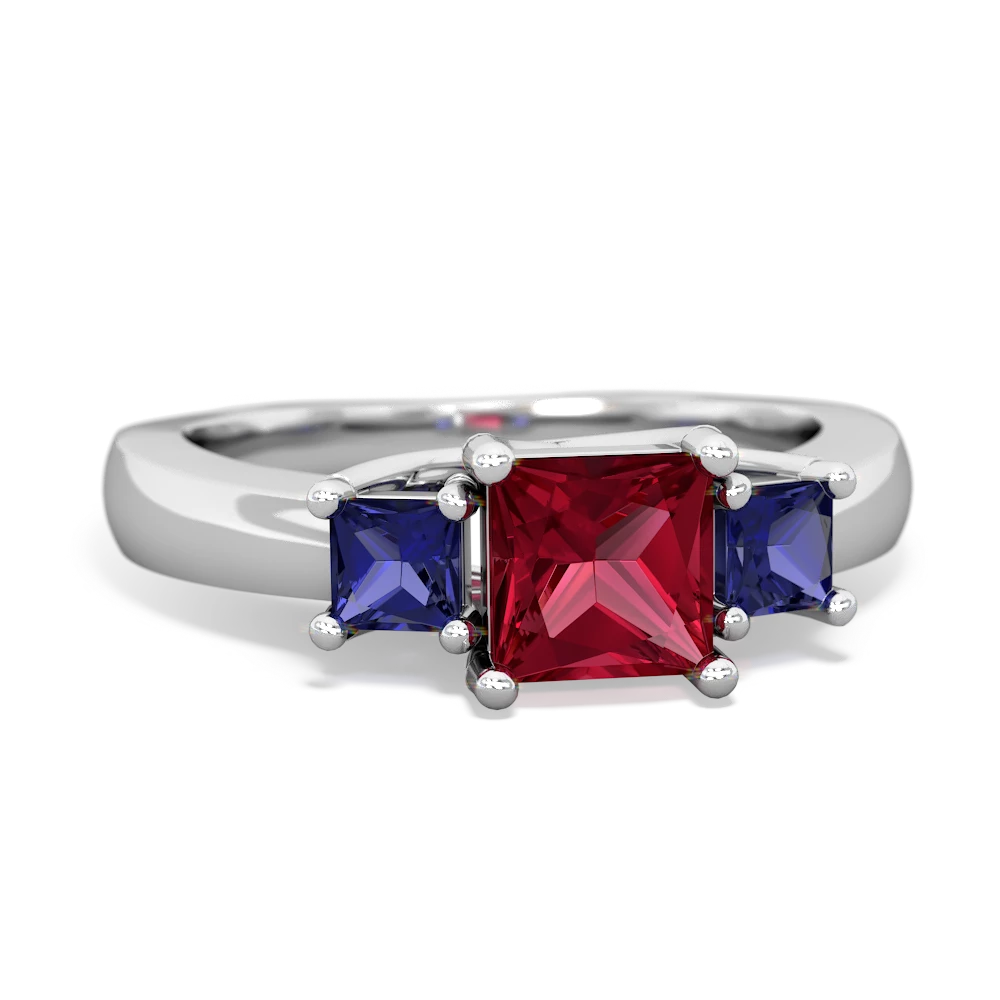 Lab Ruby Three Stone Trellis 14K White Gold ring R4015