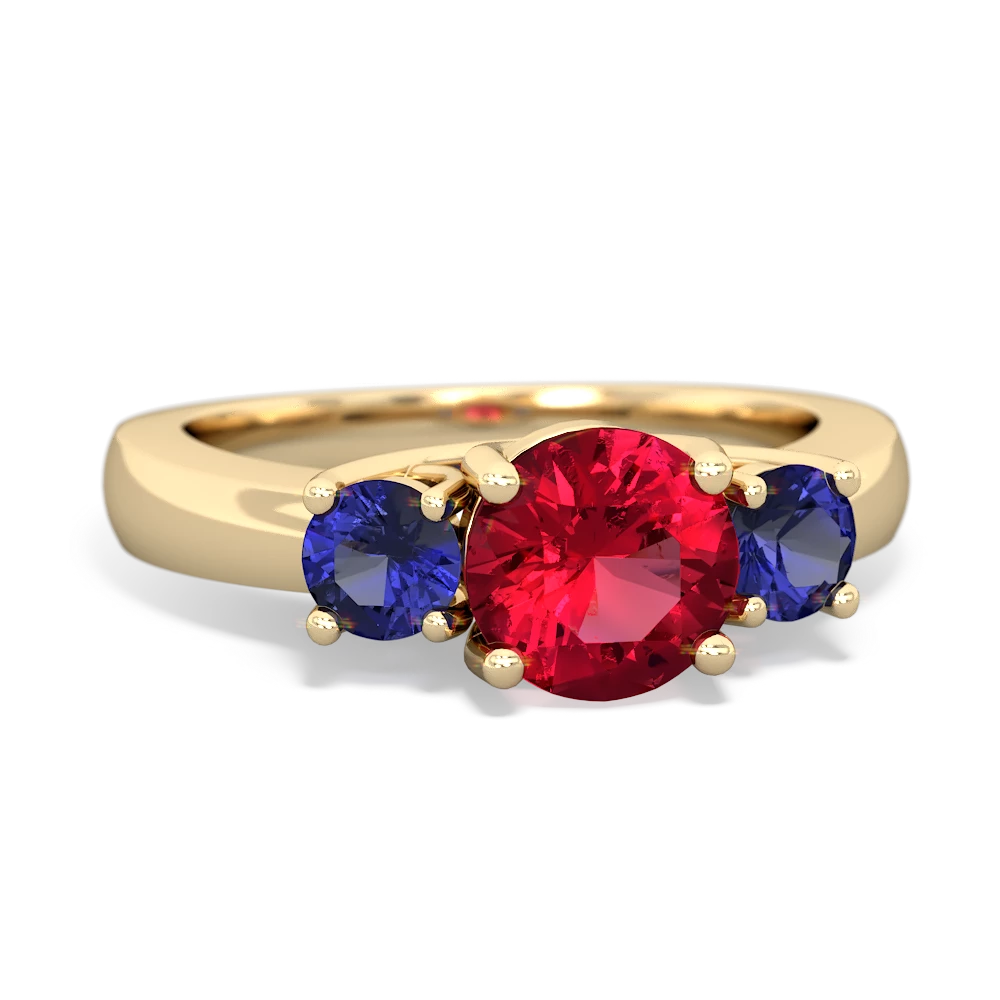 Lab Ruby Three Stone Round Trellis 14K Yellow Gold ring R4018