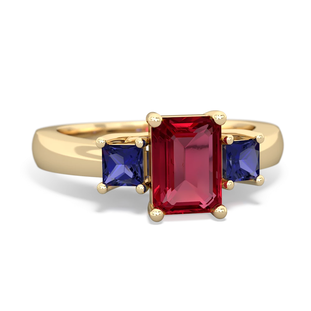 Lab Ruby Three Stone Emerald-Cut Trellis 14K Yellow Gold ring R4021