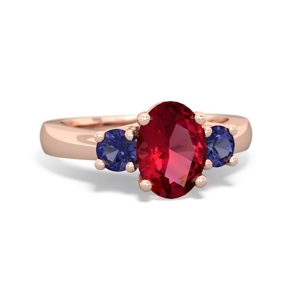 Lab Ruby Three Stone Oval Trellis 14K Rose Gold ring R4024