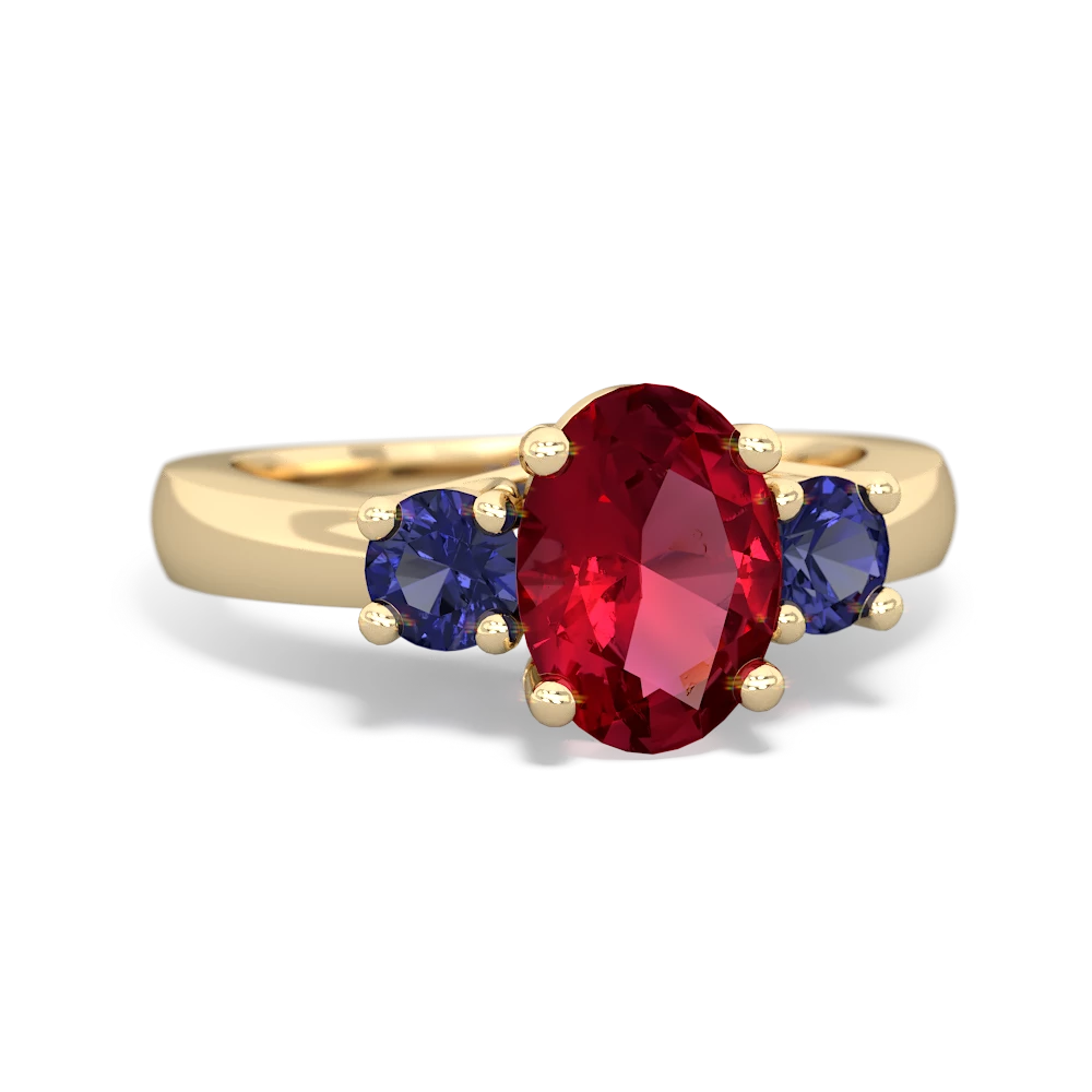 Lab Ruby Three Stone Oval Trellis 14K Yellow Gold ring R4024