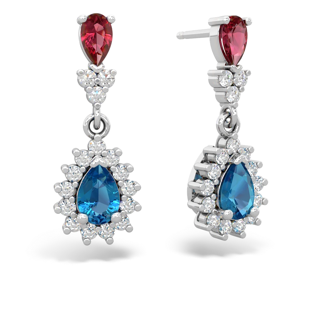 Lab Ruby Halo Pear Dangle 14K White Gold earrings E1882