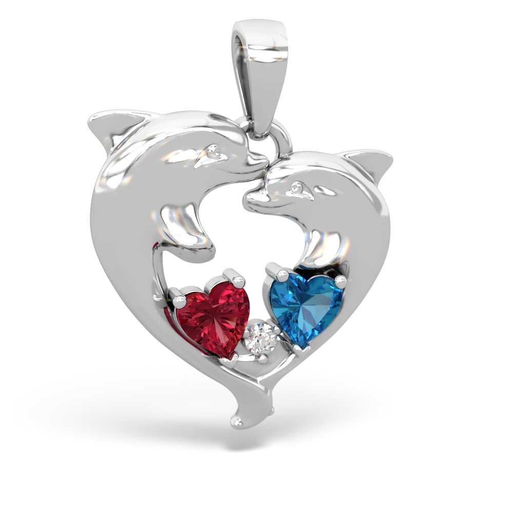 Lab Ruby Dolphin Heart 14K White Gold pendant P5820