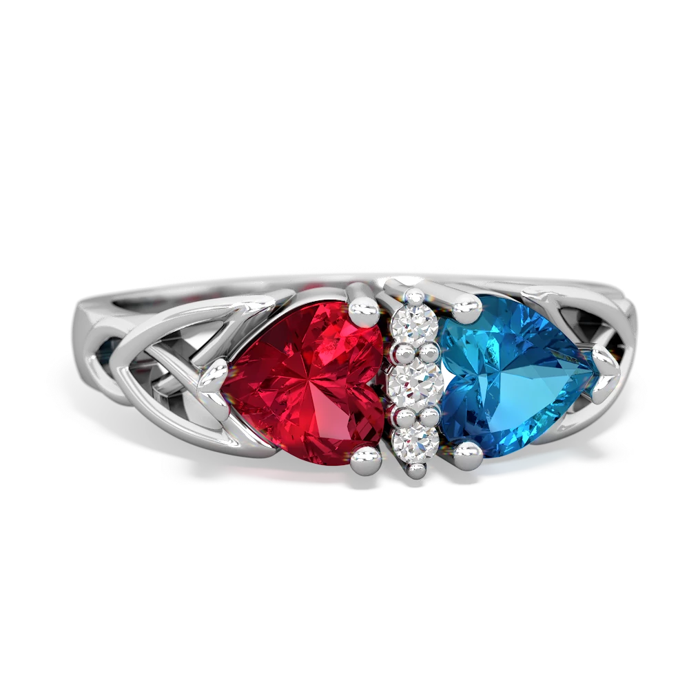 Lab Ruby Celtic Knot Double Heart 14K White Gold ring R5040