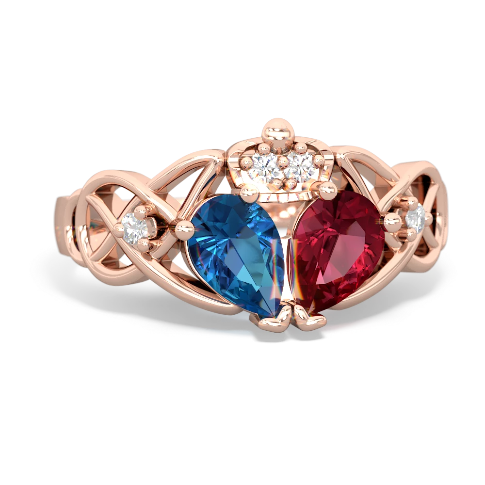 Lab Ruby 'One Heart' Celtic Knot Claddagh 14K Rose Gold ring R5322