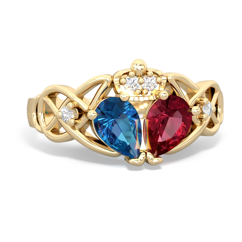 Lab Ruby 'One Heart' Celtic Knot Claddagh 14K Yellow Gold ring R5322