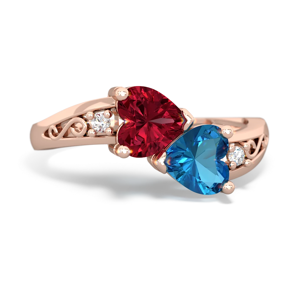 Lab Ruby Snuggling Hearts 14K Rose Gold ring R2178