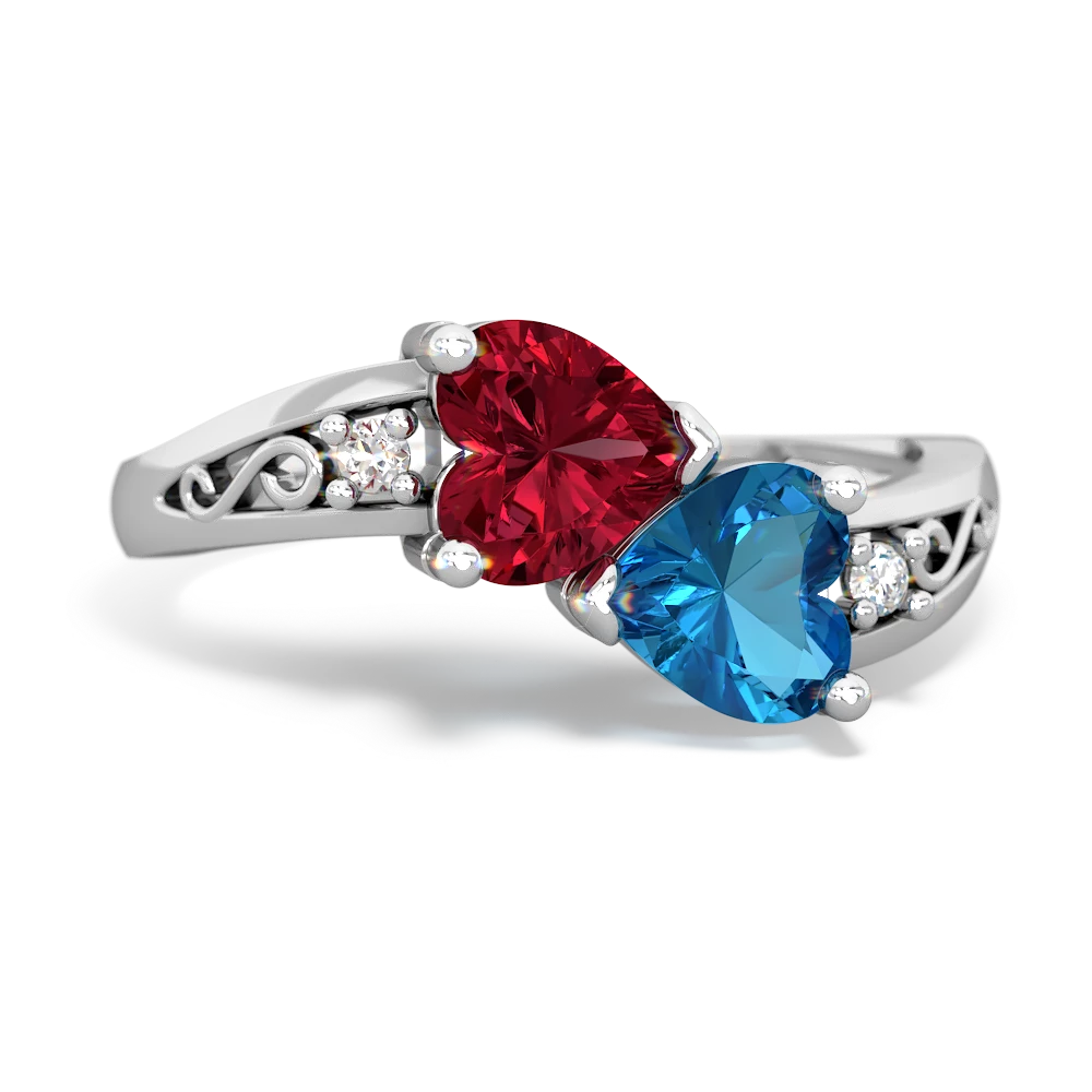 Lab Ruby Snuggling Hearts 14K White Gold ring R2178