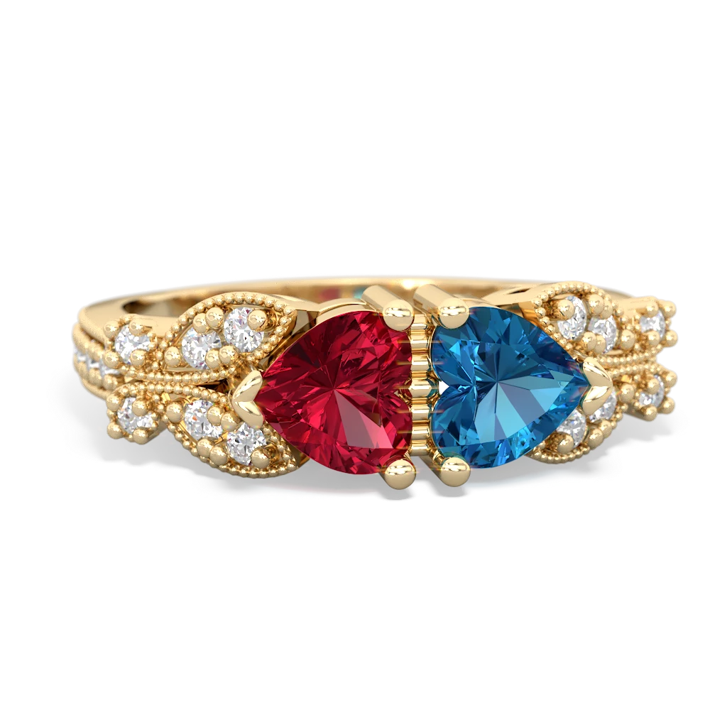 Lab Ruby Diamond Butterflies 14K Yellow Gold ring R5601