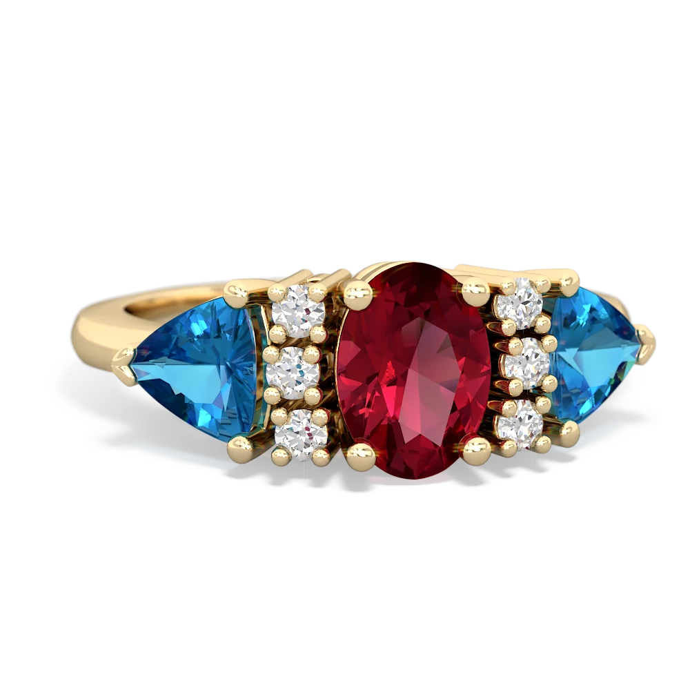 Lab Ruby Antique Style Three Stone 14K Yellow Gold ring R2186