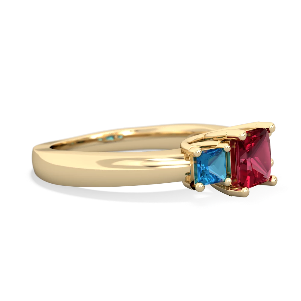 Lab Ruby Three Stone Trellis 14K Yellow Gold ring R4015