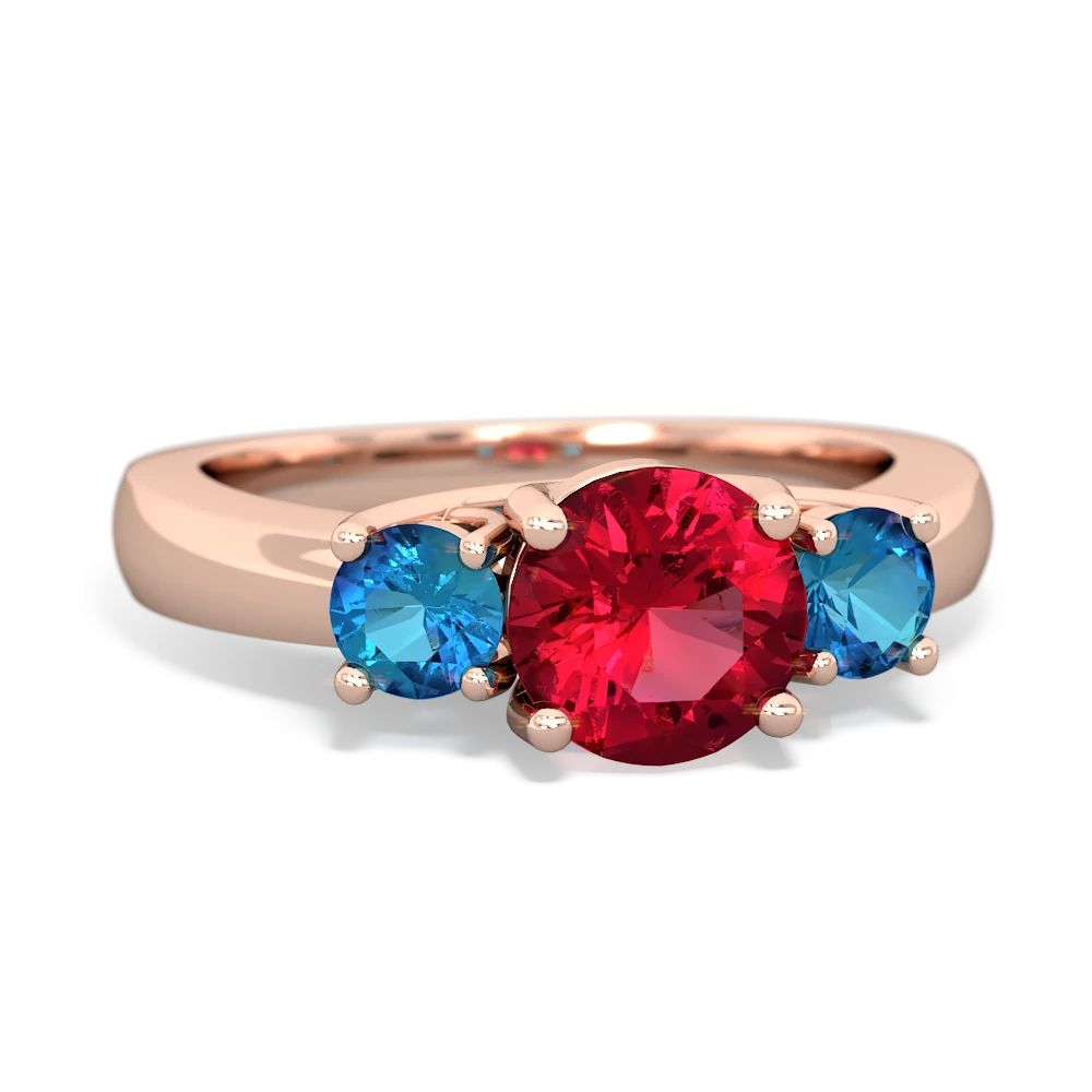 Lab Ruby Three Stone Round Trellis 14K Rose Gold ring R4018