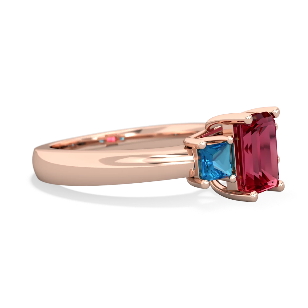 Lab Ruby Three Stone Emerald-Cut Trellis 14K Rose Gold ring R4021