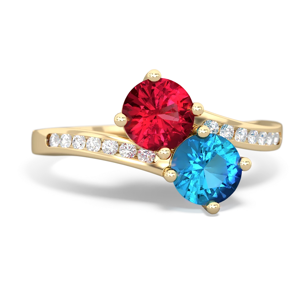 Lab Ruby Channel Set Two Stone 14K Yellow Gold ring R5303