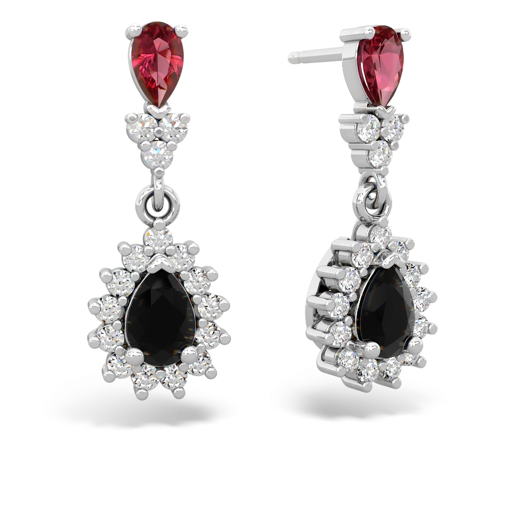 Lab Ruby Halo Pear Dangle 14K White Gold earrings E1882