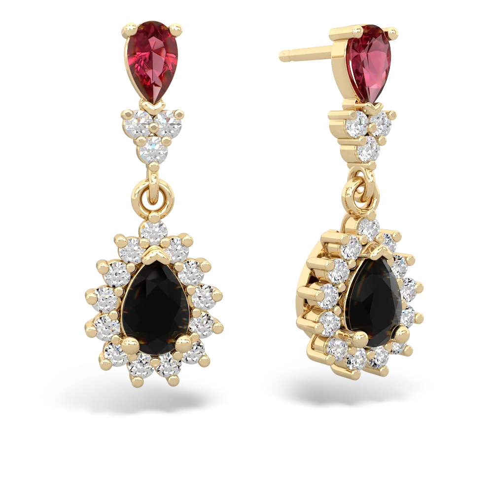 Lab Ruby Halo Pear Dangle 14K Yellow Gold earrings E1882