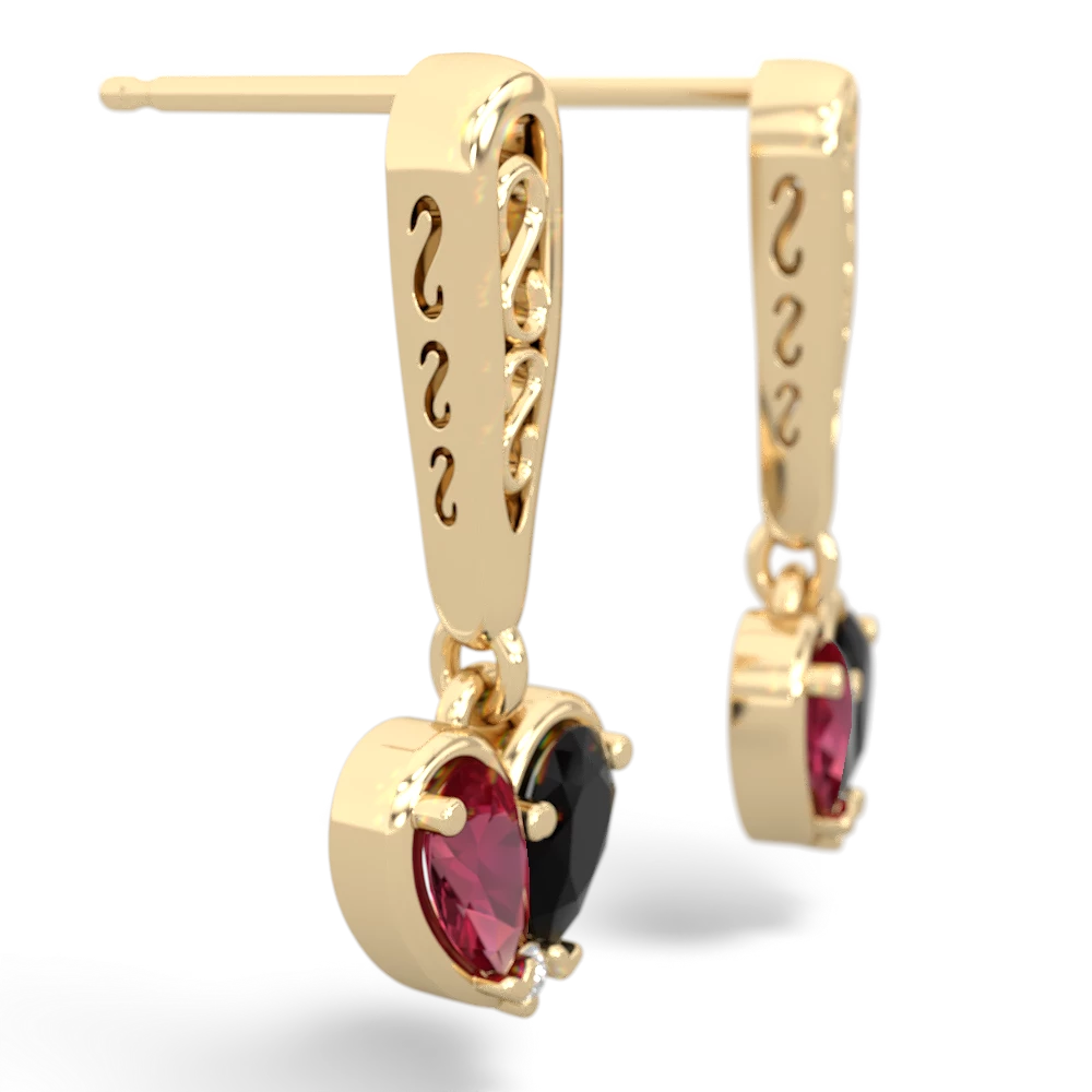 Lab Ruby Filligree Heart 14K Yellow Gold earrings E5070