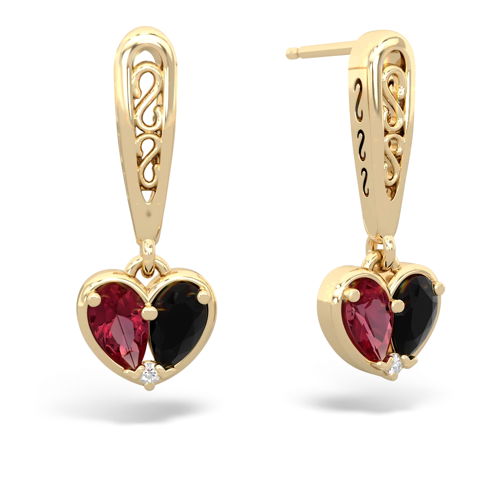 Lab Ruby Filligree Heart 14K Yellow Gold earrings E5070