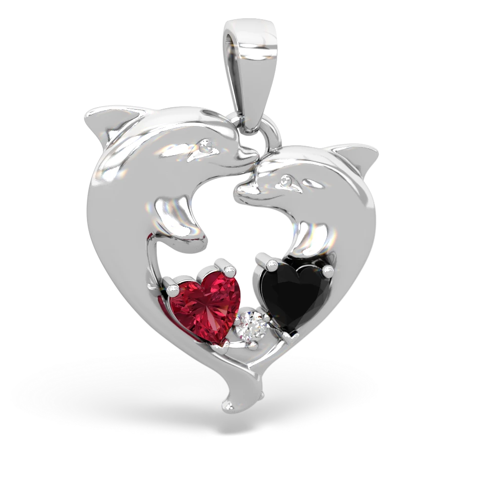 Lab Ruby Dolphin Heart 14K White Gold pendant P5820