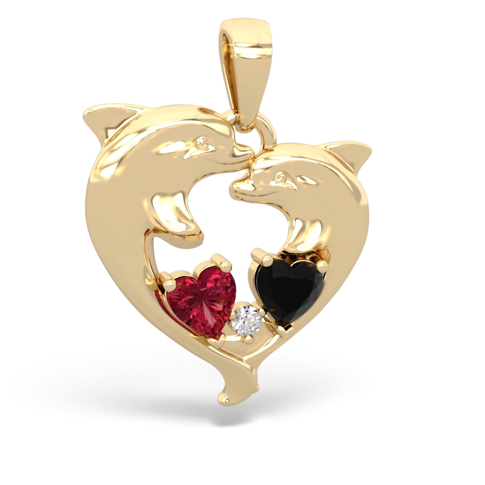 Lab Ruby Dolphin Heart 14K Yellow Gold pendant P5820