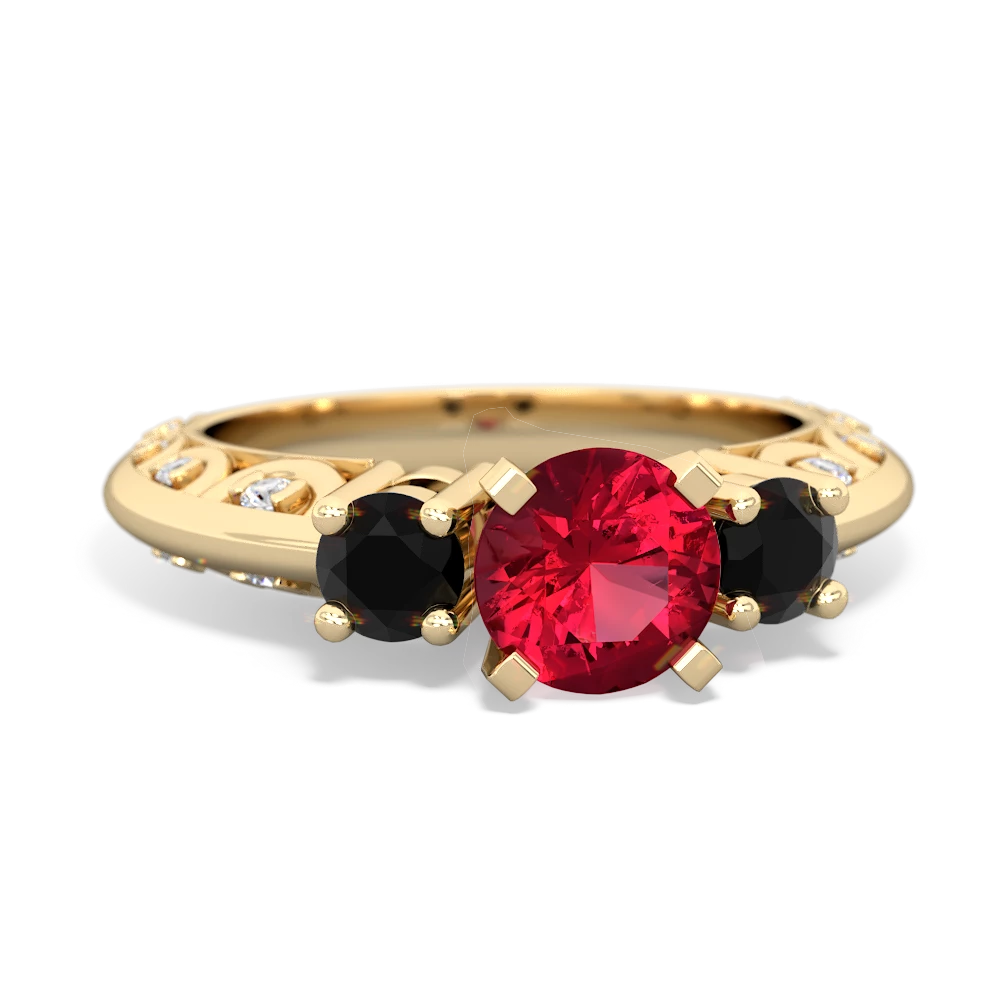 Lab Ruby Art Deco Eternal Embrace Engagement 14K Yellow Gold ring C2003