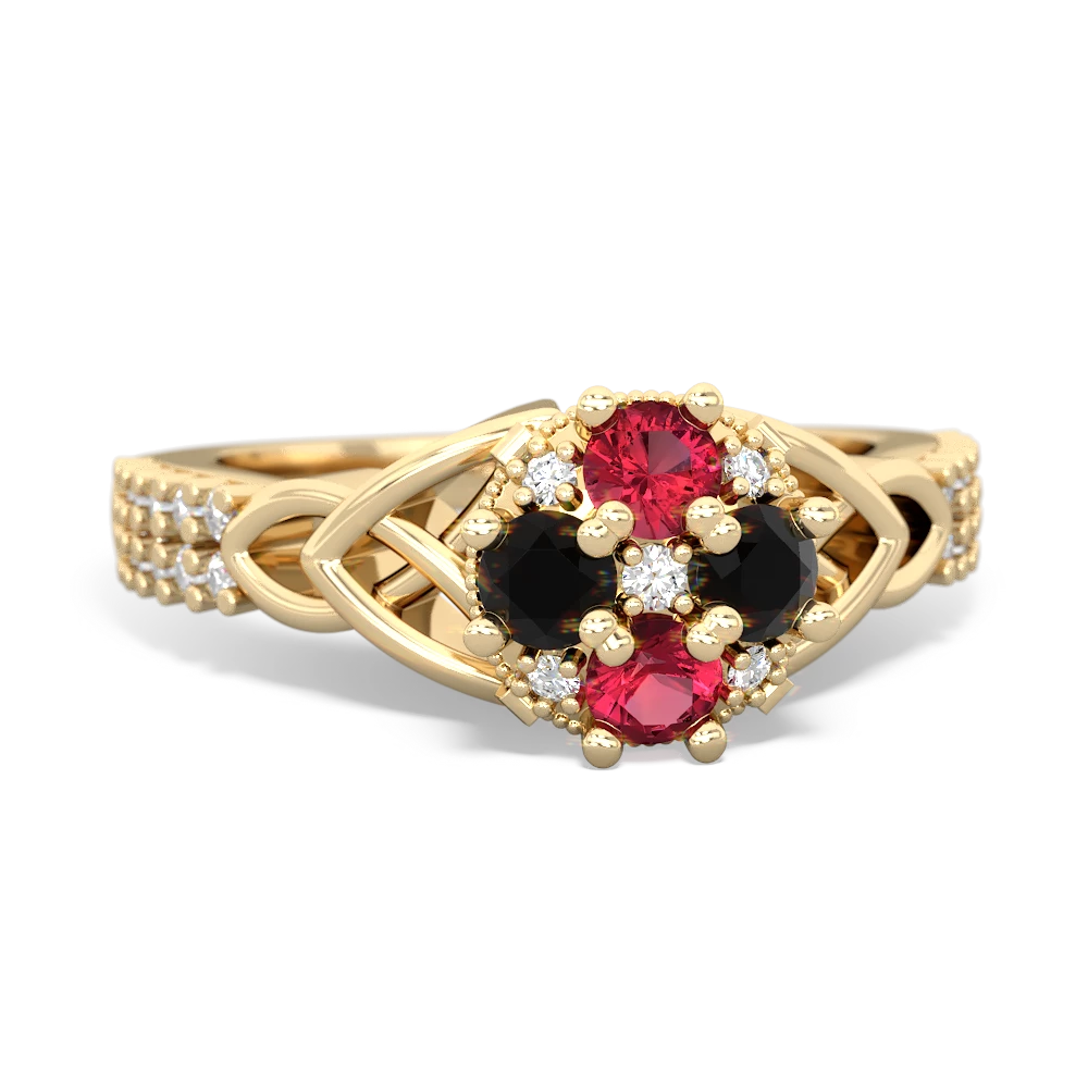 Lab Ruby Celtic Knot Cluster Engagement 14K Yellow Gold ring R26443RD