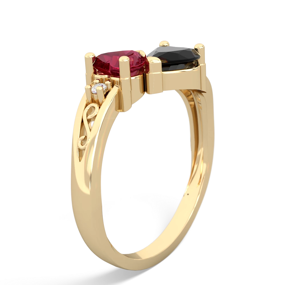 Lab Ruby Snuggling Hearts 14K Yellow Gold ring R2178