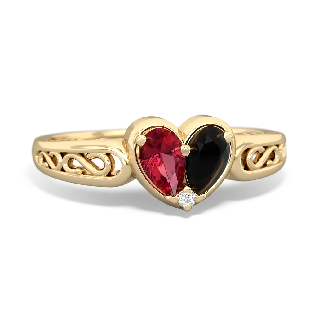 Lab Ruby Filligree 'One Heart' 14K Yellow Gold ring R5070