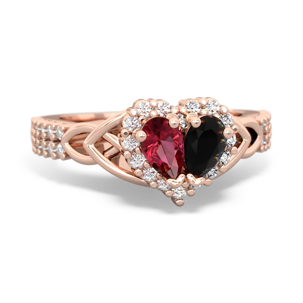 Lab Ruby Celtic Knot Two Hearts As One 14K Rose Gold ring R2644HRT