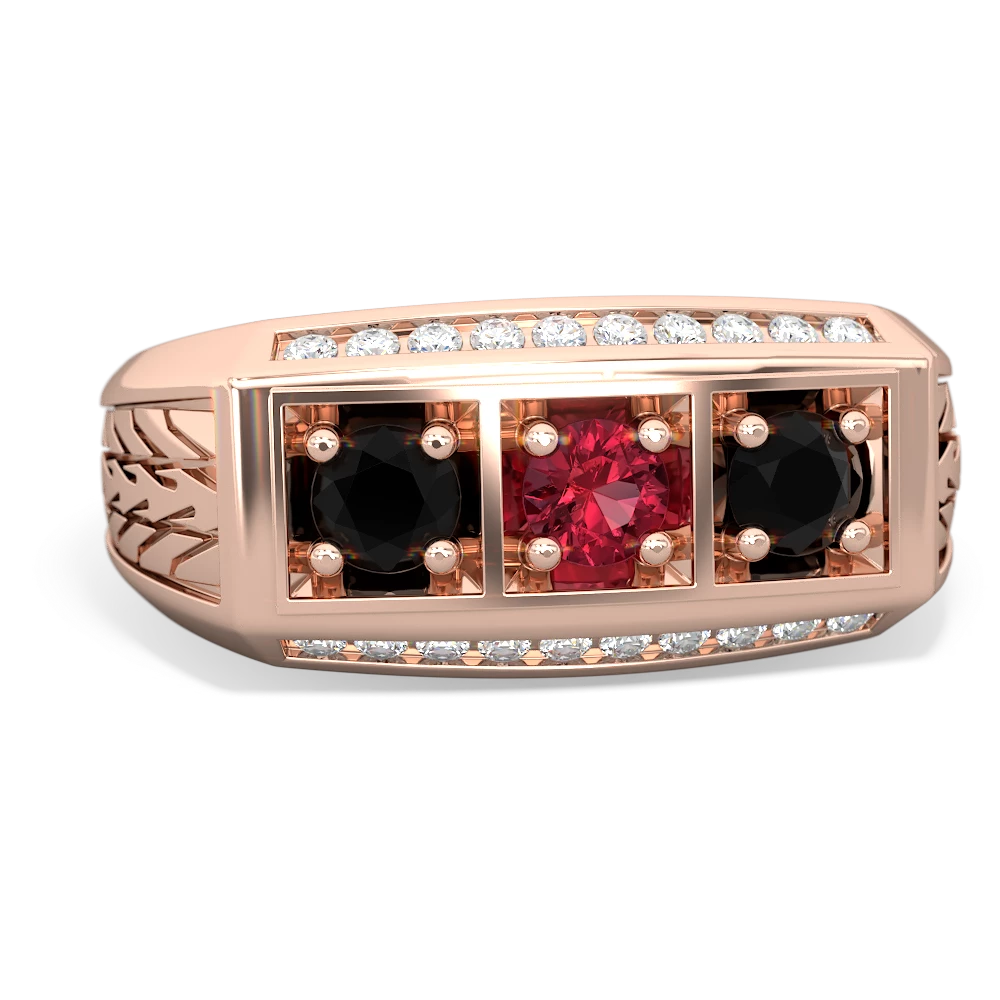 Lab Ruby Three Stone Tire Tread Men's 14K Rose Gold ring R0520