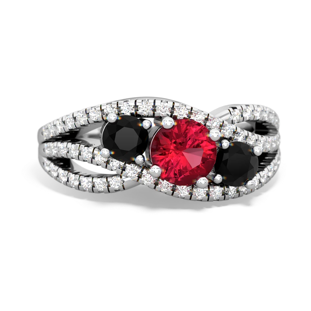 Lab Ruby Three Stone Aurora 14K White Gold ring R3080