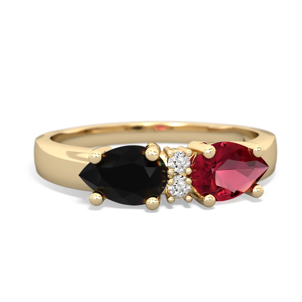 Lab Ruby Pear Bowtie 14K Yellow Gold ring R0865