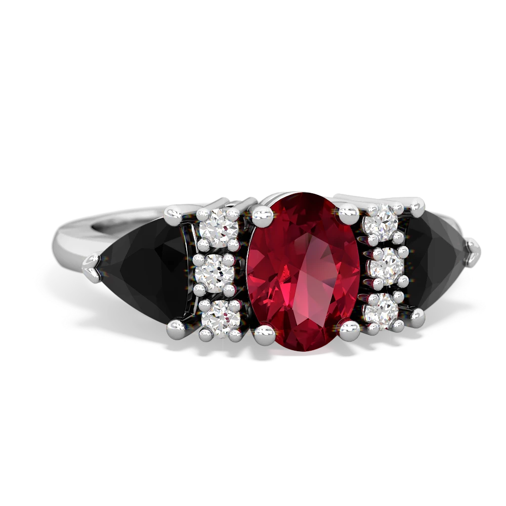 Lab Ruby Antique Style Three Stone 14K White Gold ring R2186