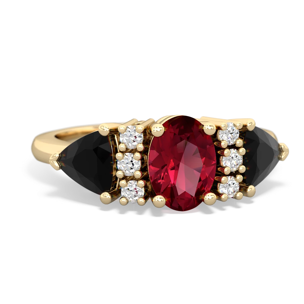 Lab Ruby Antique Style Three Stone 14K Yellow Gold ring R2186