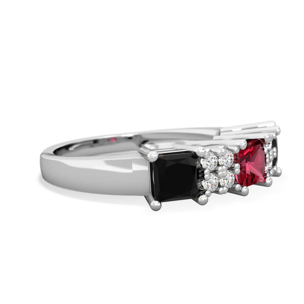 Lab Ruby Three Stone Diamond Cluster 14K White Gold ring R2592