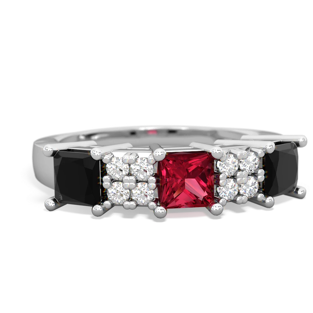 Lab Ruby Three Stone Diamond Cluster 14K White Gold ring R2592