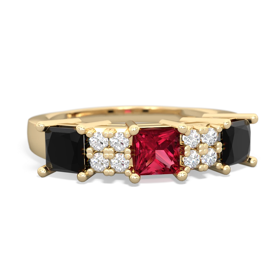 Lab Ruby Three Stone Diamond Cluster 14K Yellow Gold ring R2592