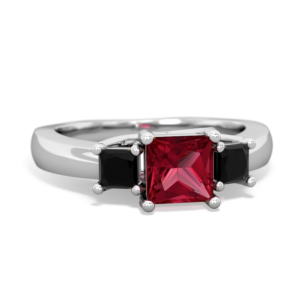 Lab Ruby Three Stone Trellis 14K White Gold ring R4015