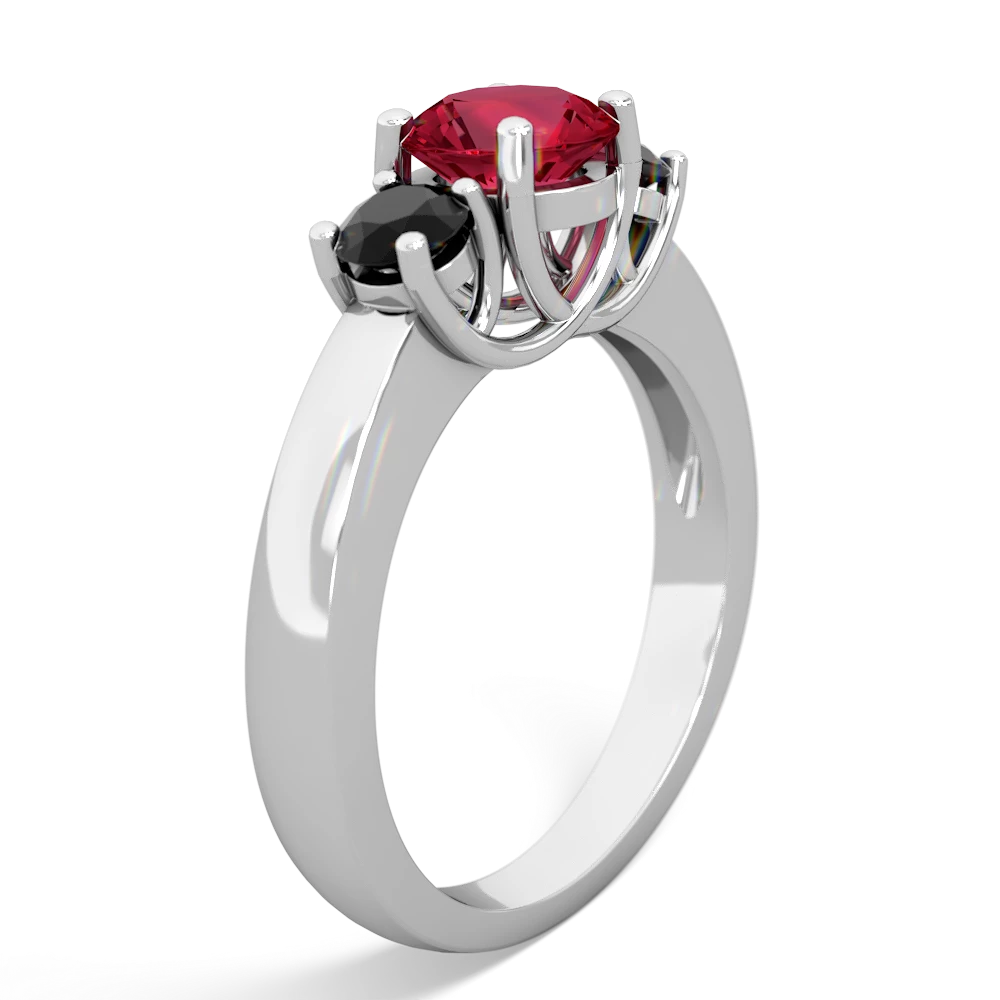 Lab Ruby Three Stone Round Trellis 14K White Gold ring R4018